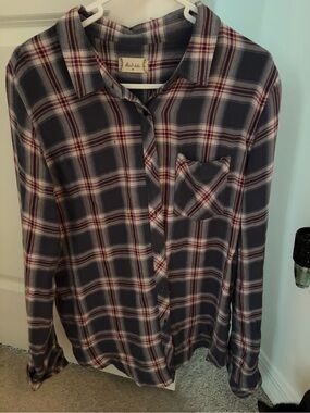 Altar'd State Blue and White Plaid Shirt with Burgundy Stripes